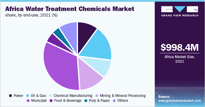 非洲水处理化学品市场份额，按最终用途分列，2021年(%)