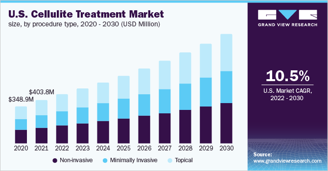 2020 - 2030年美国脂肪团治疗的市场规模，按程序类型分列(百万美元)