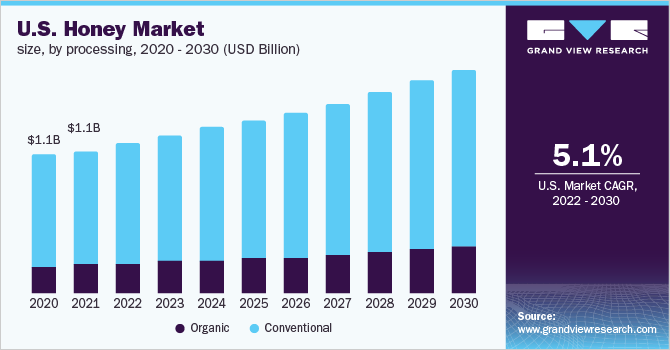 美国蜂蜜市场规模，按加工，2020 - 2030年(十亿美元)