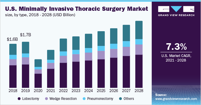 美国微创胸外科市场规模,类型,2018 - 2028(十亿美元)